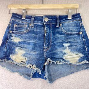 AE OUTFITTERS Womens 0 Blue Distressed Super Strech Denim High Rise Shorties